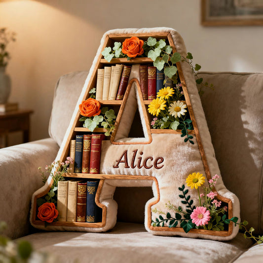 Personalized Book and Flower Theme Initial Name Pillow