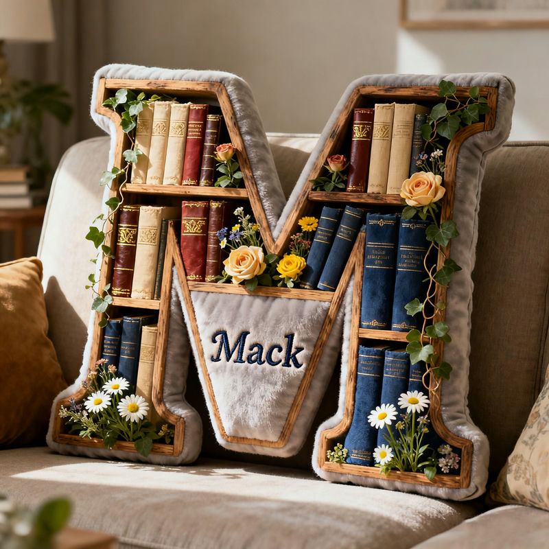 Personalized Book and Flower Theme Initial Name Pillow