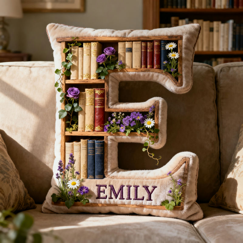 Personalized Book and Flower Theme Initial Name Pillow