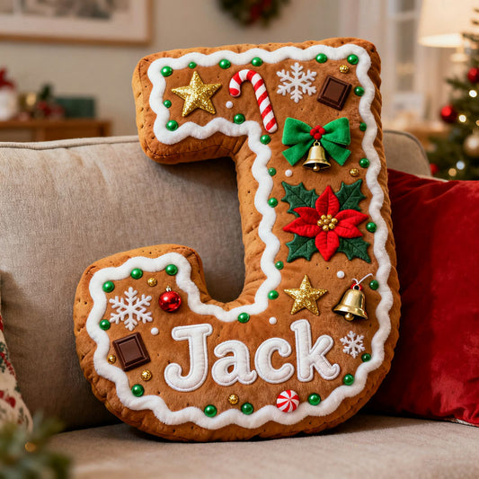 Personalized Christmas gingerbread man themed initial name pillow