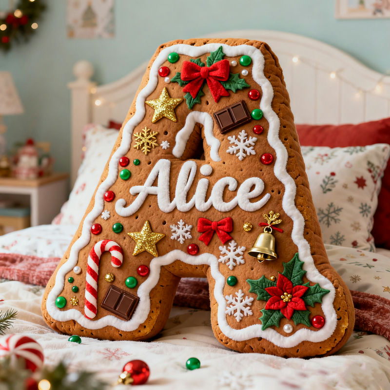 Personalized Christmas gingerbread man themed initial name pillow