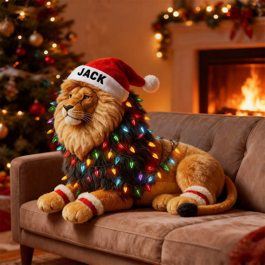 Personalized Christmas lion pillow with colorful lights