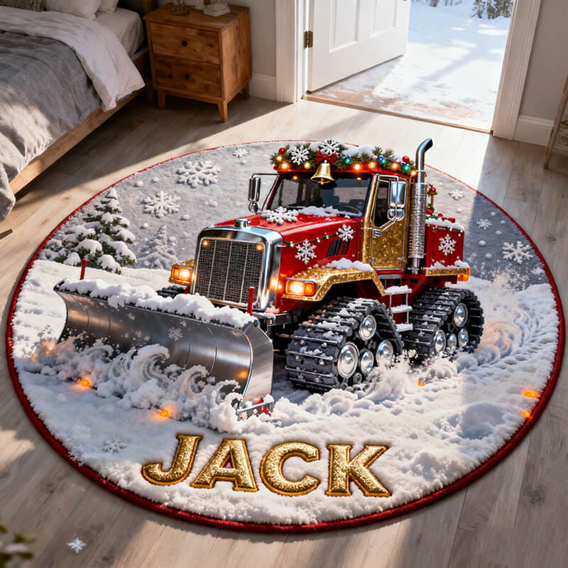 Personalized christmas snowplow themed rug