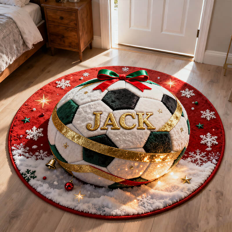 Personalized christmas soccer themed rug