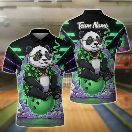 Bowling Polo Shirt, Sunglasses Panda Smoking on Bowling Ball, Neon Green/Purple Accents, Customized Name, Team Name 3D Shirt