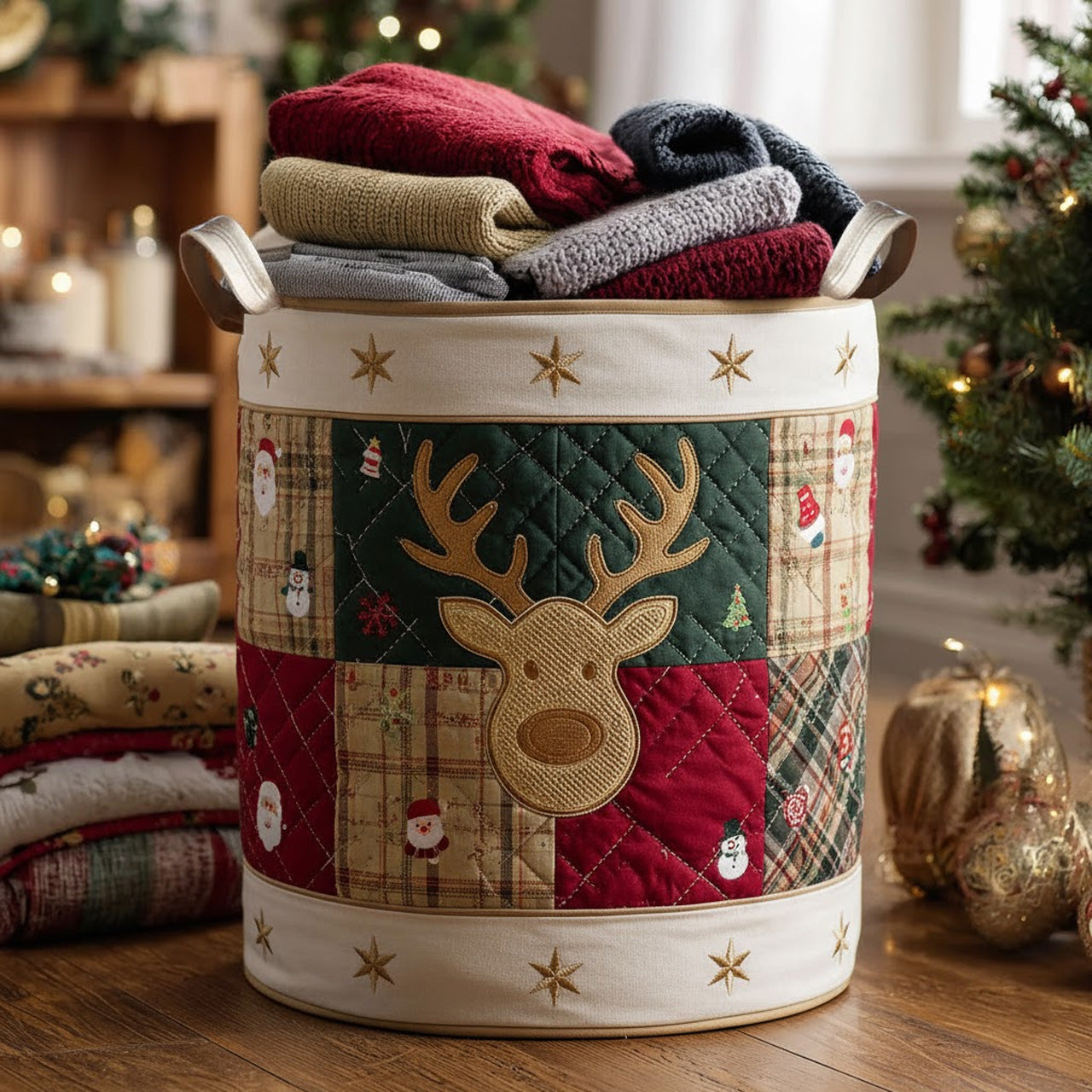 Reindeer Patchwork Quilted Laundry Basket — Rustic Christmas Collapsible Hamper