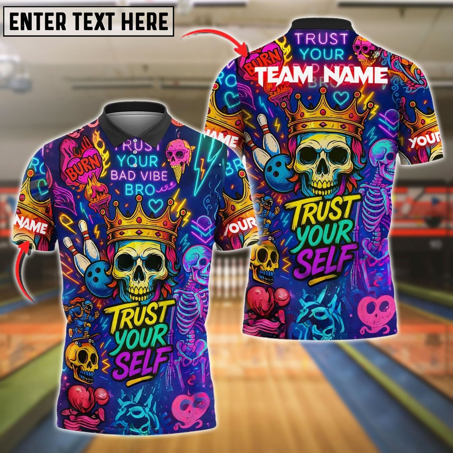 Bowling And Pins Neon Skull Vibes Personalized Name, Team Name Unisex Shirt