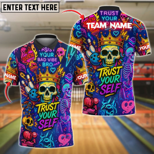 Bowling And Pins Neon Skull Vibes Personalized Name, Team Name Unisex Shirt