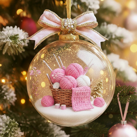 🧶 Knitting Ornament – Cozy Pink Yarn Basket Christmas Decoration