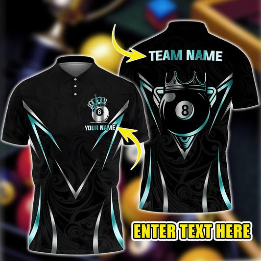 Custom 8 Ball Billiards Polo Shirt, 3D Crown Design with Personalized Name & Team, Multicolor Pool Jersey, Gift for Players and Bowlers.
