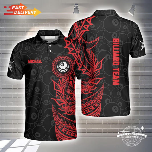 Custom Billiard Polo Shirt Men, 3D Red Black Tribal Print, Team Uniform Pool Shirt, Billiard Gift for Him