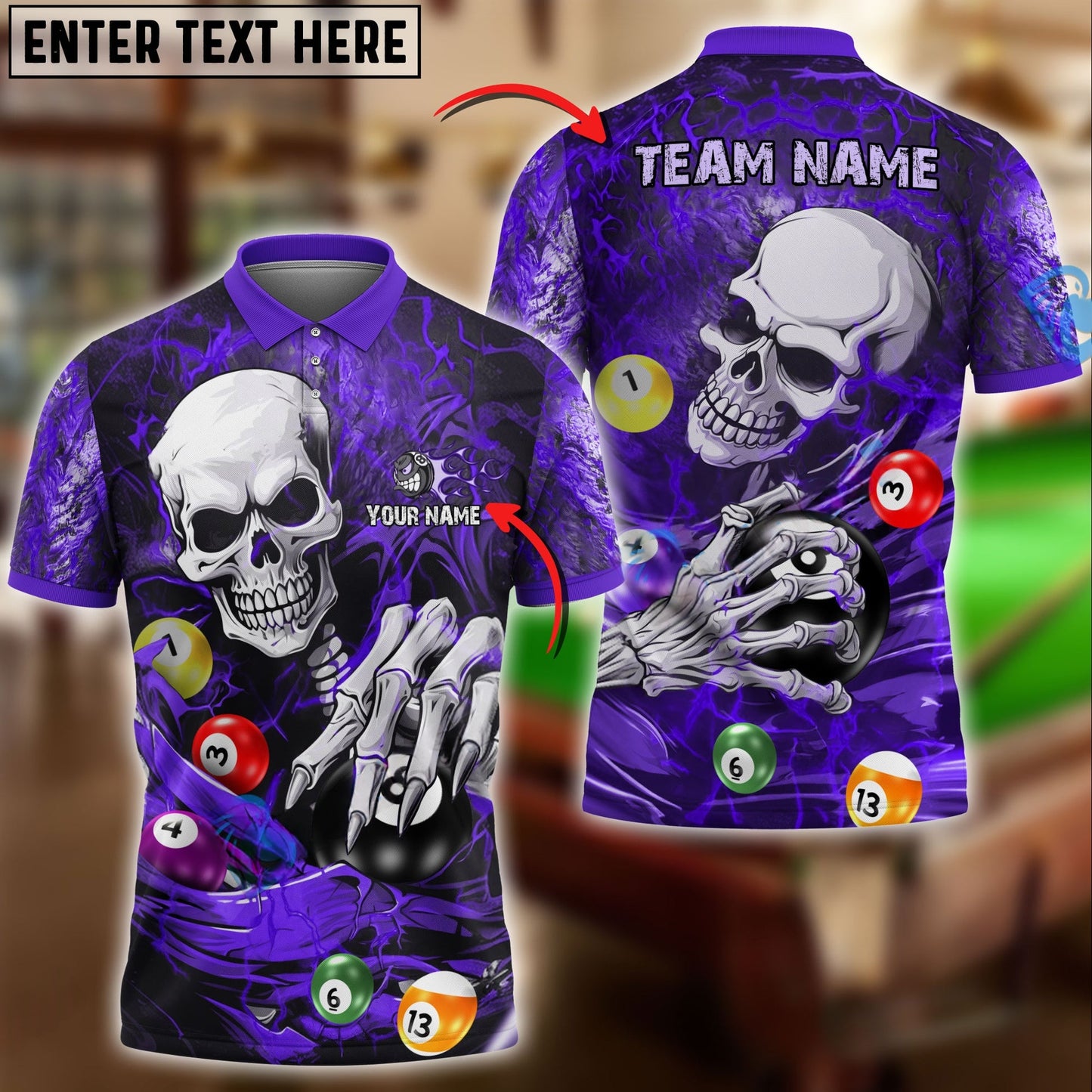 Billiards Ball 8 Skull Lightning Personalized Name & Team Name Shirt