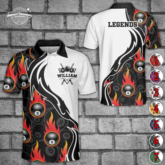 Personalized Billiard 8 Ball Polo Shirt: Flaming Design, Cotton Blend