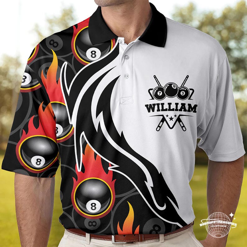 Personalized Billiard 8 Ball Polo Shirt: Flaming Design, Cotton Blend