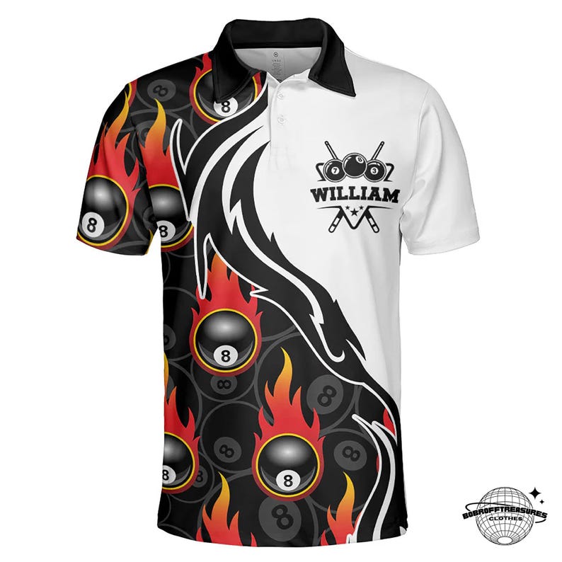 Personalized Billiard 8 Ball Polo Shirt: Flaming Design, Cotton Blend