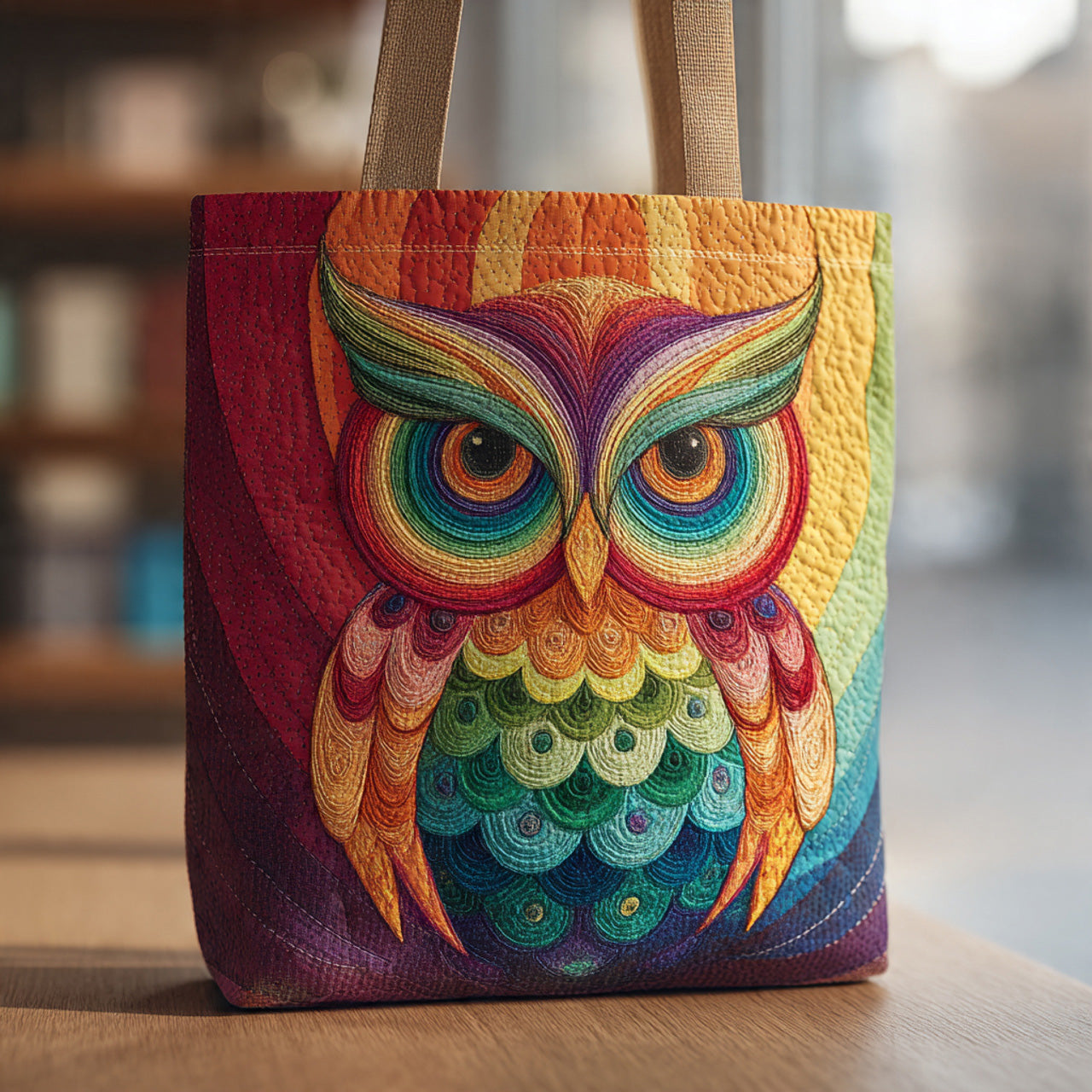 Vivid Rainbow Owl Quilted Tote Bag – Art Stitch