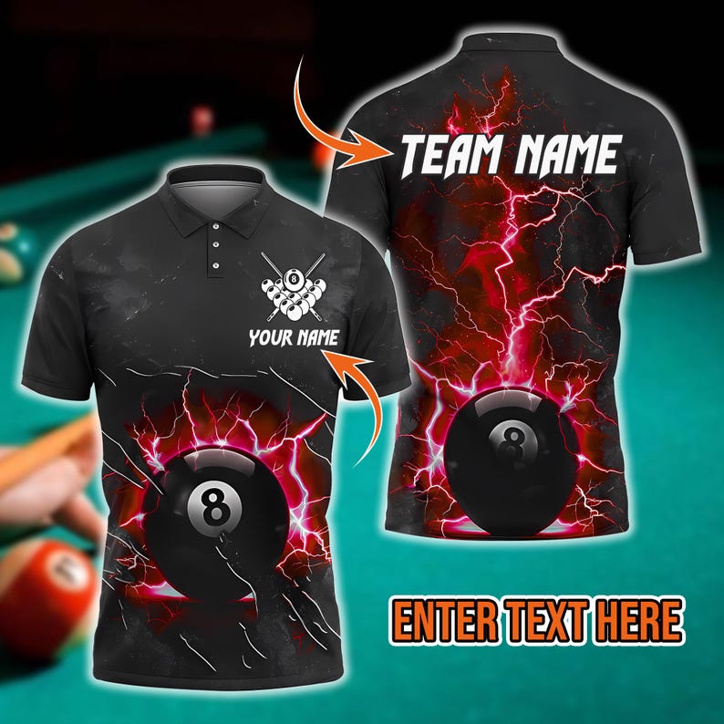 Custom Ball 8 Pool Thunder Lightning Billiard Jersey Multicolor Options Personalized Name, Team Name 3D Polo Shirt, Gift For Dad, For Man.