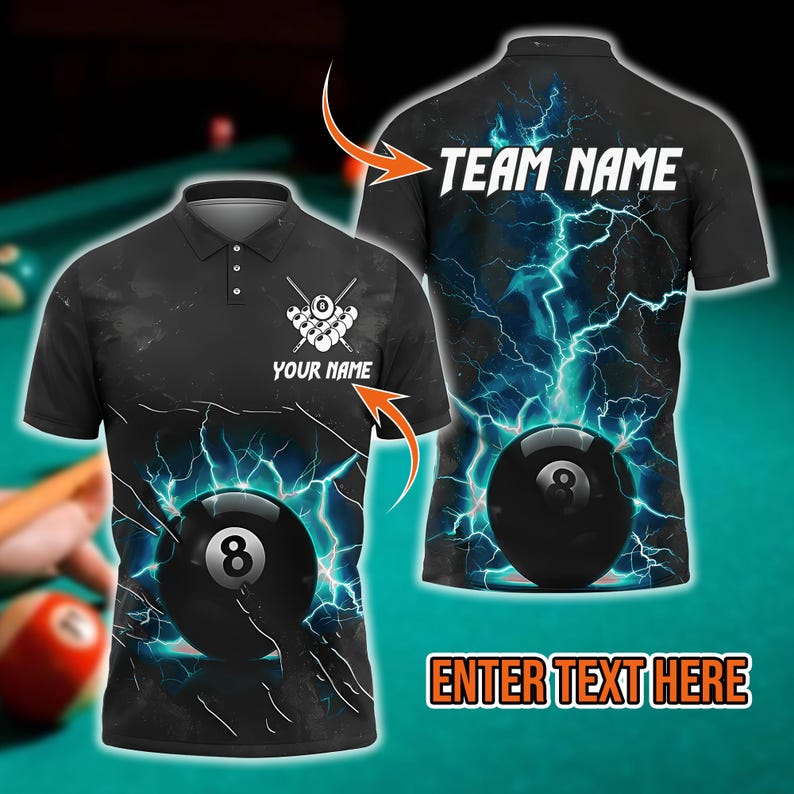 Custom Ball 8 Pool Thunder Lightning Billiard Jersey Multicolor Options Personalized Name, Team Name 3D Polo Shirt, Gift For Dad, For Man.