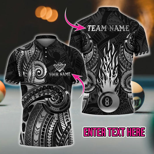 Custom 3D Pool and Billiards Polo Shirt – Flame Maori Tattoo with Map Design | Custom Name and Team | Multicolor Options, Gift For Dad.