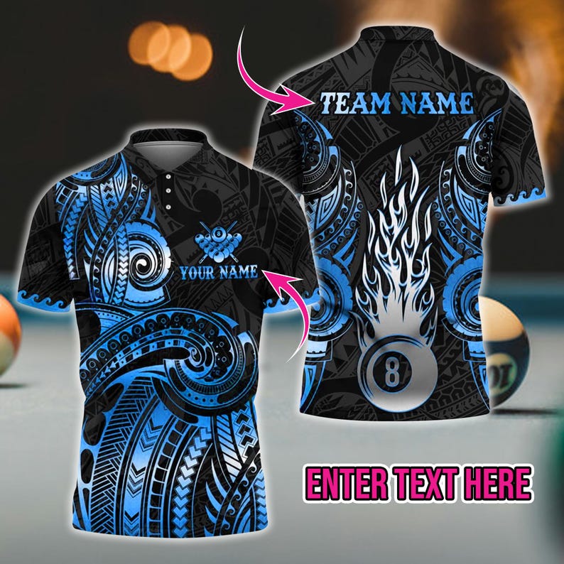 Custom 3D Pool and Billiards Polo Shirt – Flame Maori Tattoo with Map Design | Custom Name and Team | Multicolor Options, Gift For Dad.