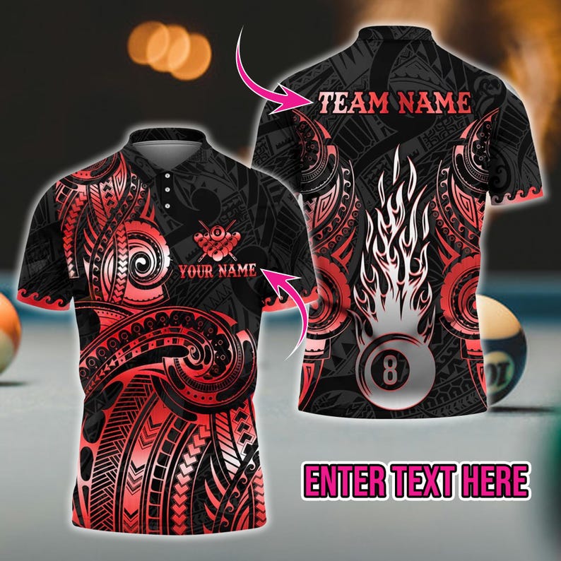 Custom 3D Pool and Billiards Polo Shirt – Flame Maori Tattoo with Map Design | Custom Name and Team | Multicolor Options, Gift For Dad.