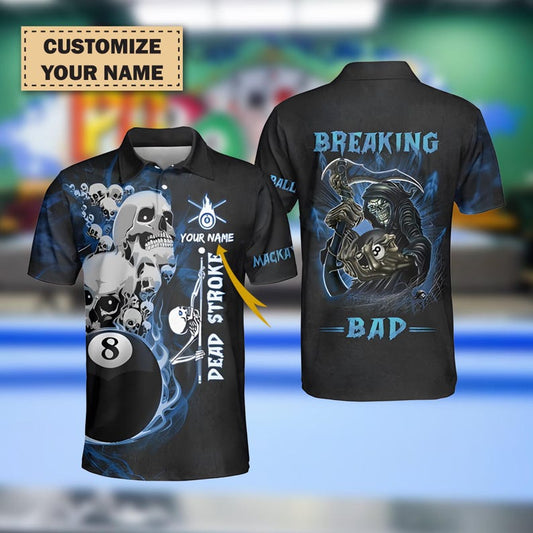 Custom Billiard Polo – Breaking Bad 8-Ball Pool Design with Personalized Name, Gift For Dad.