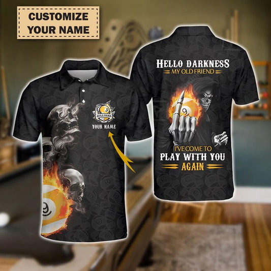 Custom Men's Billiard Polo Shirt – Skull Reaper 9-Ball “Hello Darkness My Old Friend” Design with Personalized Name , Gift For Dad.