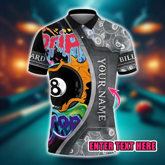 Billiards 8 Ball Polo Shirt, Graffiti Style Multicolor Design, Custom Name 3D Pool Team Jersey for Billiard Players.