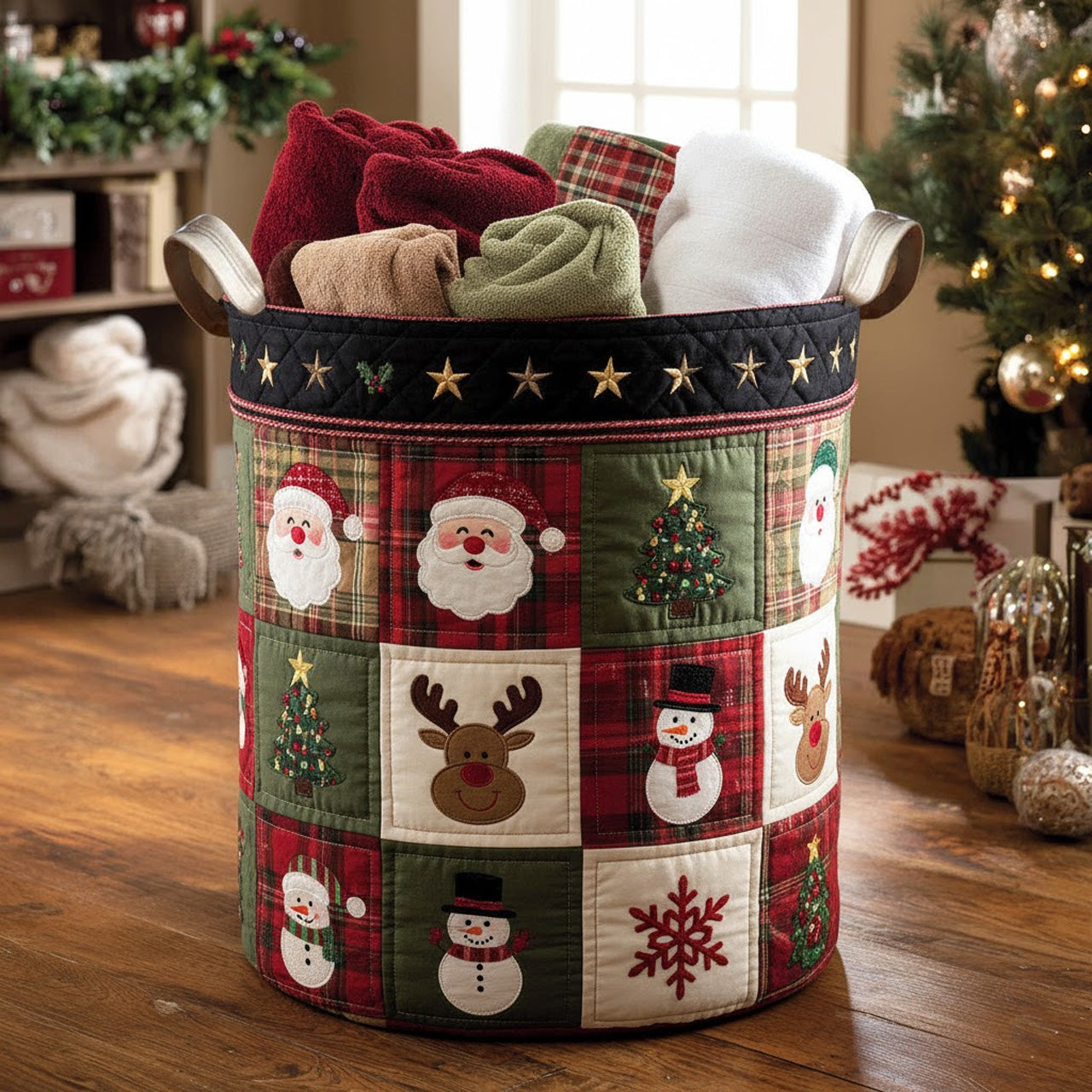 Plaid Patchwork Icons Quilted Storage Basket — Santa, Snowman & Tree Laundry Hamper