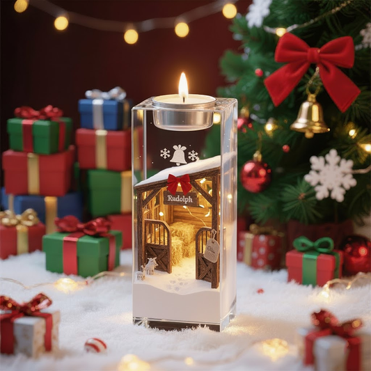 🦌 Reindeer Barn Candle – Custom Rudolph Acrylic Christmas Scene