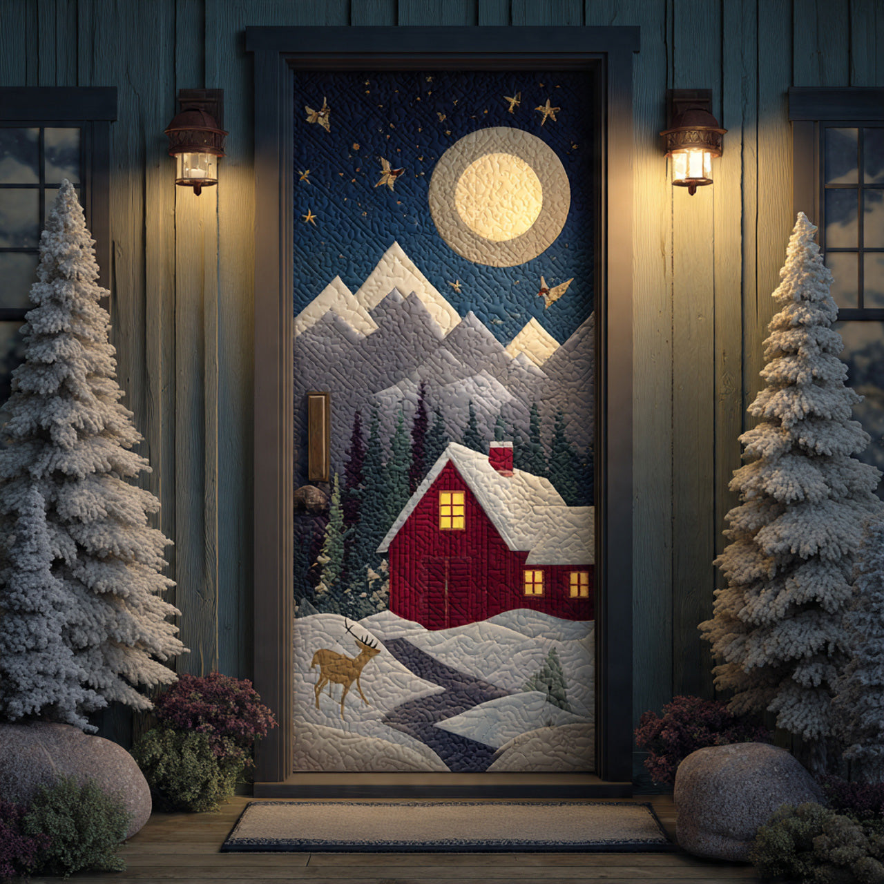 Red Cabin Under Full Moon with Deer — Quilted Christmas Front Door Cover, Alpine Night