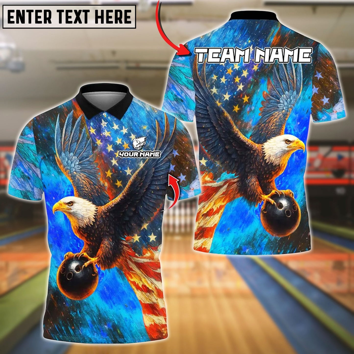 Bowling And Pins Sky Eagle US Flag Customized Name, Team Name 3D Shirt (4 Colors)