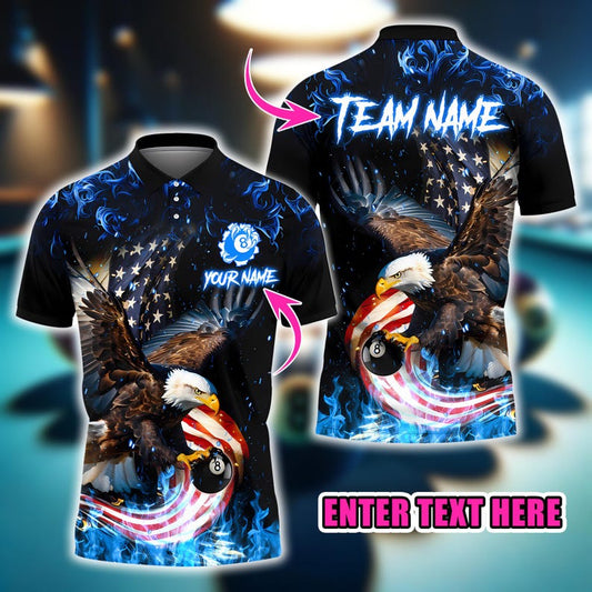 Custom Name & Team Name 3D Pool Shirt, Eagle 8 Ball Billiards Polo Shirt, American Flag Fire Design, Billiard Player Gift.
