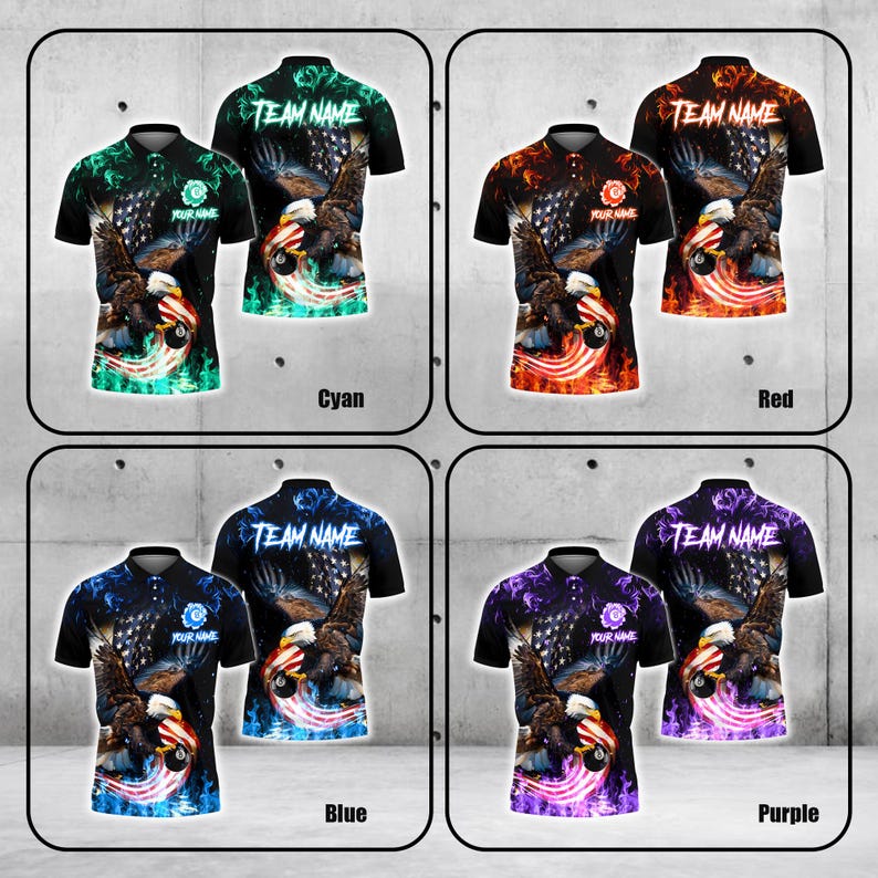 Custom Name & Team Name 3D Pool Shirt, Eagle 8 Ball Billiards Polo Shirt, American Flag Fire Design, Billiard Player Gift.