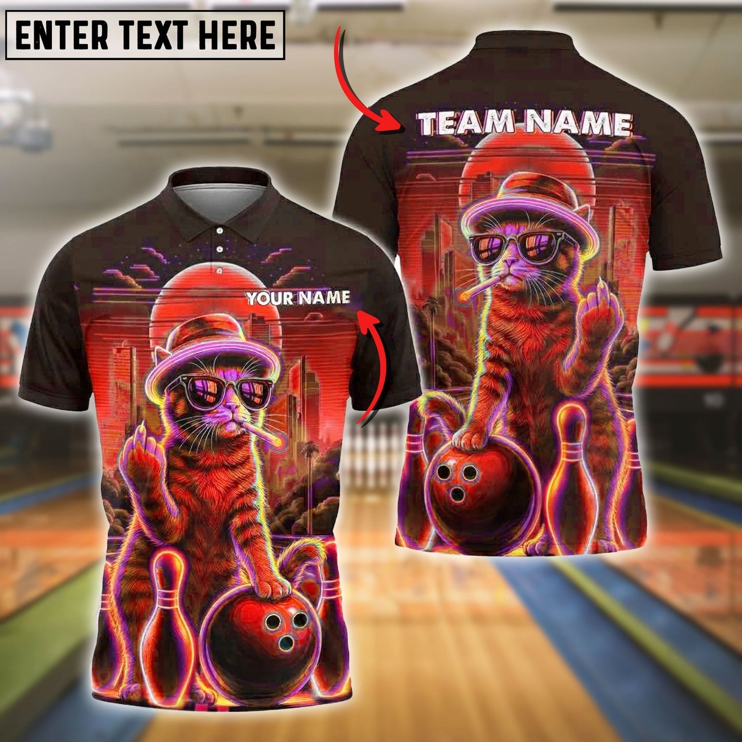 Bowling And Pins Cat Neon Style Customized Name, Team Name 3D Shirt (4 Colors)