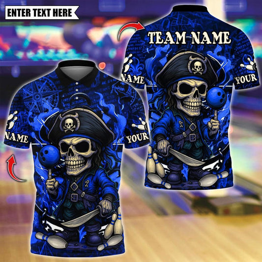 Custom Bowling Polo Shirt, Pirate Captain Skeleton Design, Personalized Bowling Polo for Men Women, Personalized Name Team 3D Shirt