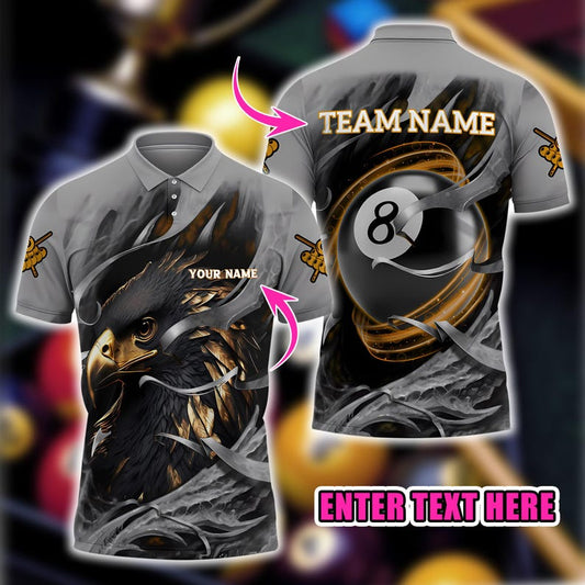 Custom Name & Team Name 3D Polo Shirt, Eagle Pool 8 Billiard Jersey Multicolor Shirt, Billiard Player Gift.