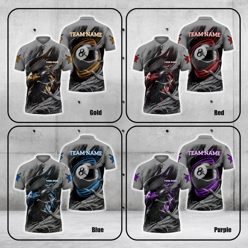 Custom Name & Team Name 3D Polo Shirt, Eagle Pool 8 Billiard Jersey Multicolor Shirt, Billiard Player Gift.