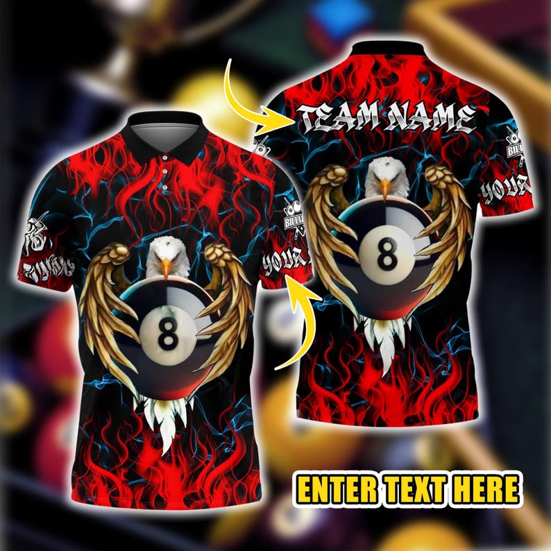 Custom Name & Team Name 3D Polo Shirt, Billiard 8 Ball Pool Fire Eagle Multicolor Polo Shirt, Patriotic Pool 3D Shirt, Billiard Player Gift.