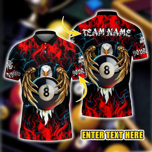 Custom Name & Team Name 3D Polo Shirt, Billiard 8 Ball Pool Fire Eagle Multicolor Polo Shirt, Patriotic Pool 3D Shirt, Billiard Player Gift.