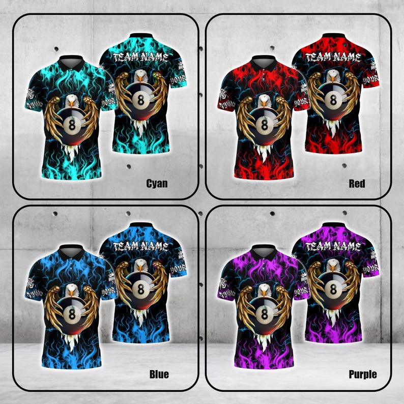 Custom Name & Team Name 3D Polo Shirt, Billiard 8 Ball Pool Fire Eagle Multicolor Polo Shirt, Patriotic Pool 3D Shirt, Billiard Player Gift.