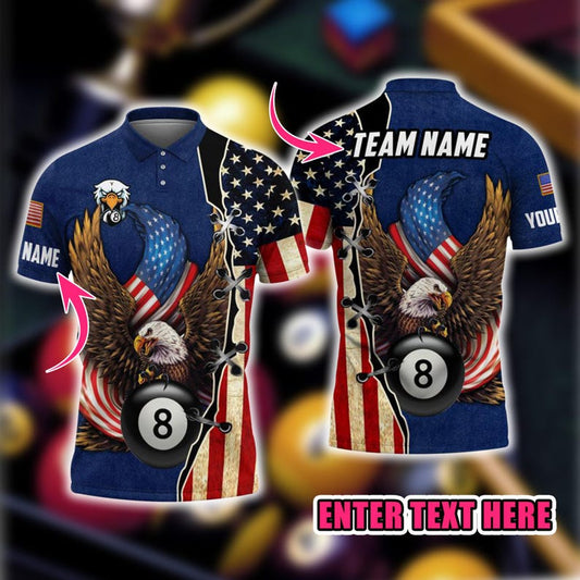 Customized Name & Team Name 3D Billiards Shirt, Billiard Ball 8 Eagle USA Flag Multicolor Polo Shirt, Patriotic Pool 3D Shirt, Player Gift.