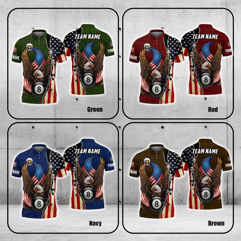 Customized Name & Team Name 3D Billiards Shirt, Billiard Ball 8 Eagle USA Flag Multicolor Polo Shirt, Patriotic Pool 3D Shirt, Player Gift.