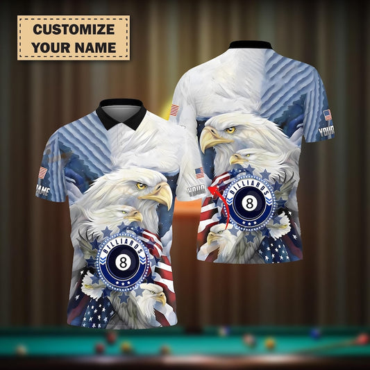 Billiard 8 Ball Pool Eagle US Flag Polo Shirt For Men, Custom Name & Team Jersey, Personalized Patriotic Billiards 3D Shirt Outfit Gift.