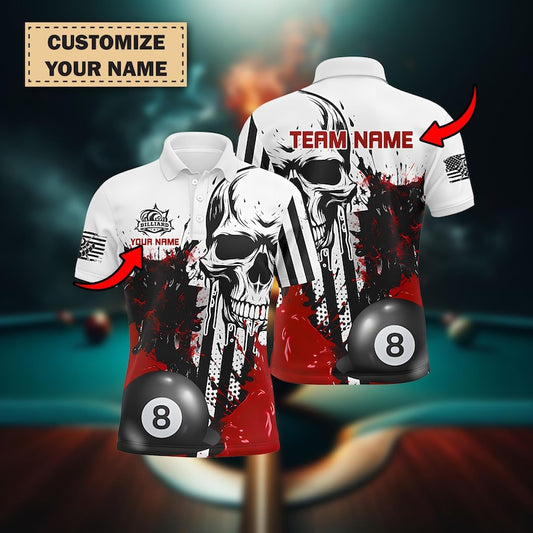 Personalized Red Grunge Skull Billiards Shirt For Men, Custom Retro Pool Team Jersey, Unique Billiard Player Outfit, Gaming Attire Gift.