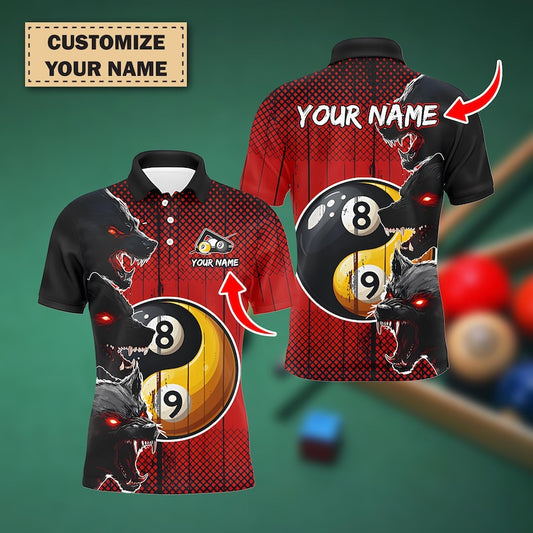Funny Yin Yang Wolf Eyes Billiard Shirt For Men, Custom 8 Ball & 9 Ball Pool Jersey, Personalized Billiards Team Outfit, Player Gift.
