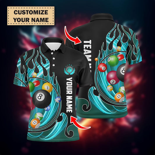 3D Billiard Balls Fire Flame Polo Shirt For Men, Custom Pool Player Jersey, Personalized Billiards Team Uniform, League Outfit Gift.