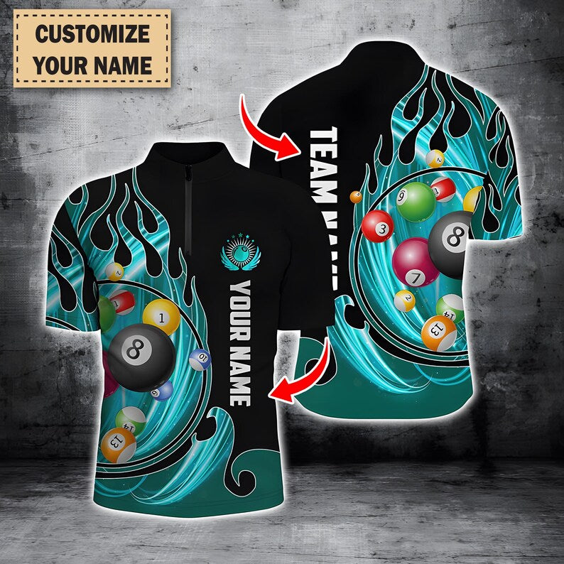3D Billiard Balls Fire Flame Polo Shirt For Men, Custom Pool Player Jersey, Personalized Billiards Team Uniform, League Outfit Gift.