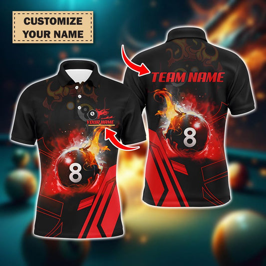 8 Ball Pool Flame Red Polo Shirt For Men, Custom Billiard Jersey, 3D Printed Team Outfit, Best Billiards Shirts For Pool Players.