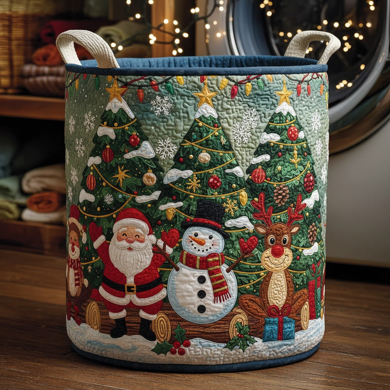 Santa, Snowman & Reindeer Forest Quilted Basket — Christmas Laundry Organizer